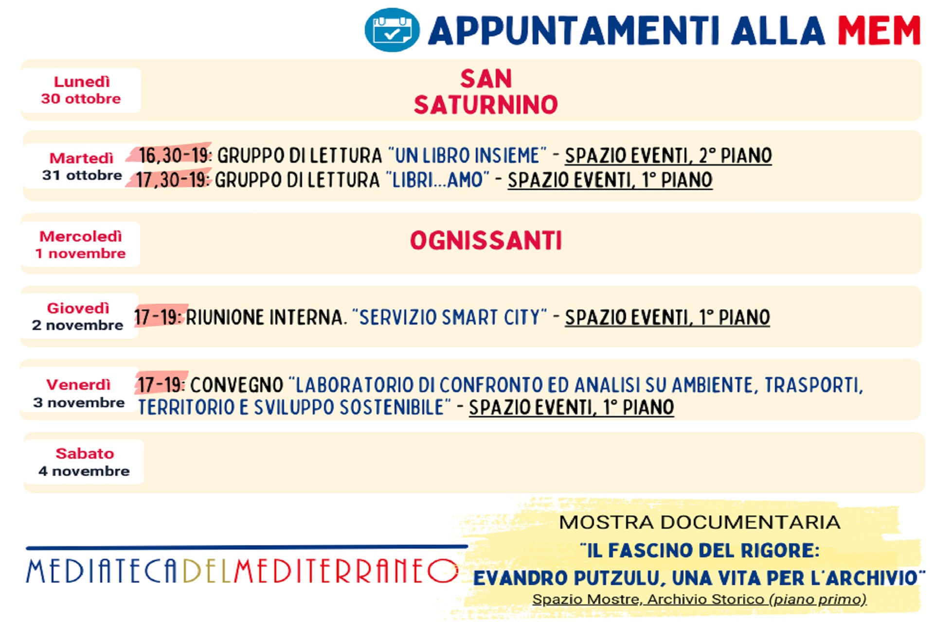 Cagliari - Appuntamenti alla MEM dal 30 ottobre al 5 novembre 2023