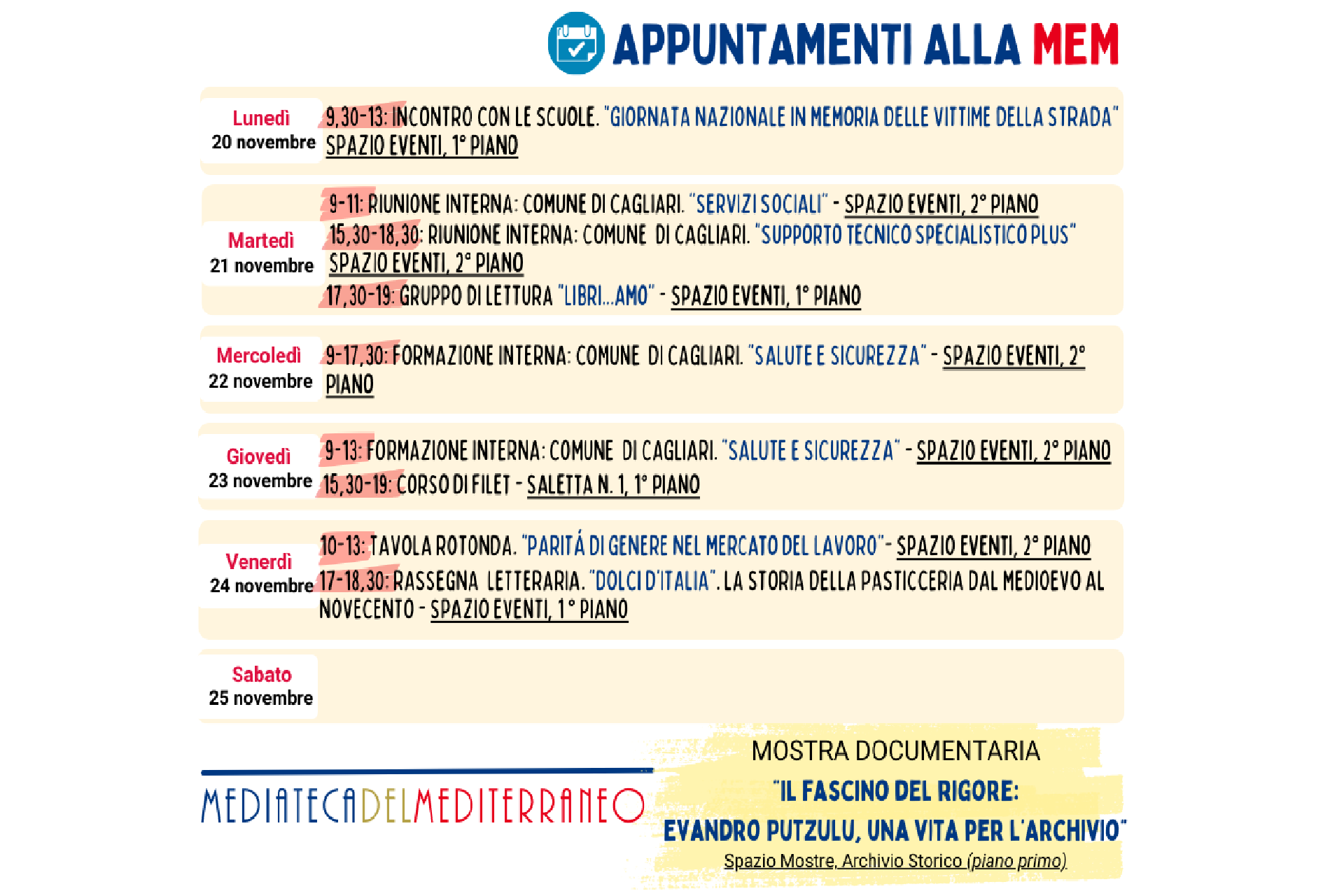 Appuntamenti alla MEM nella settimana dal 20 al 26 novembre