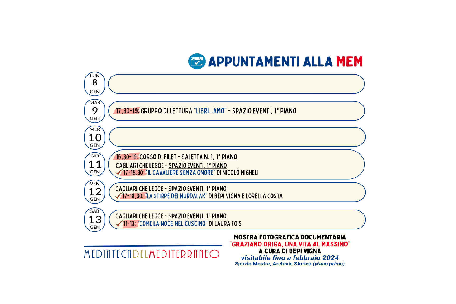 cagliari - Appuntamanti MeM 8-14 gennaio 2024