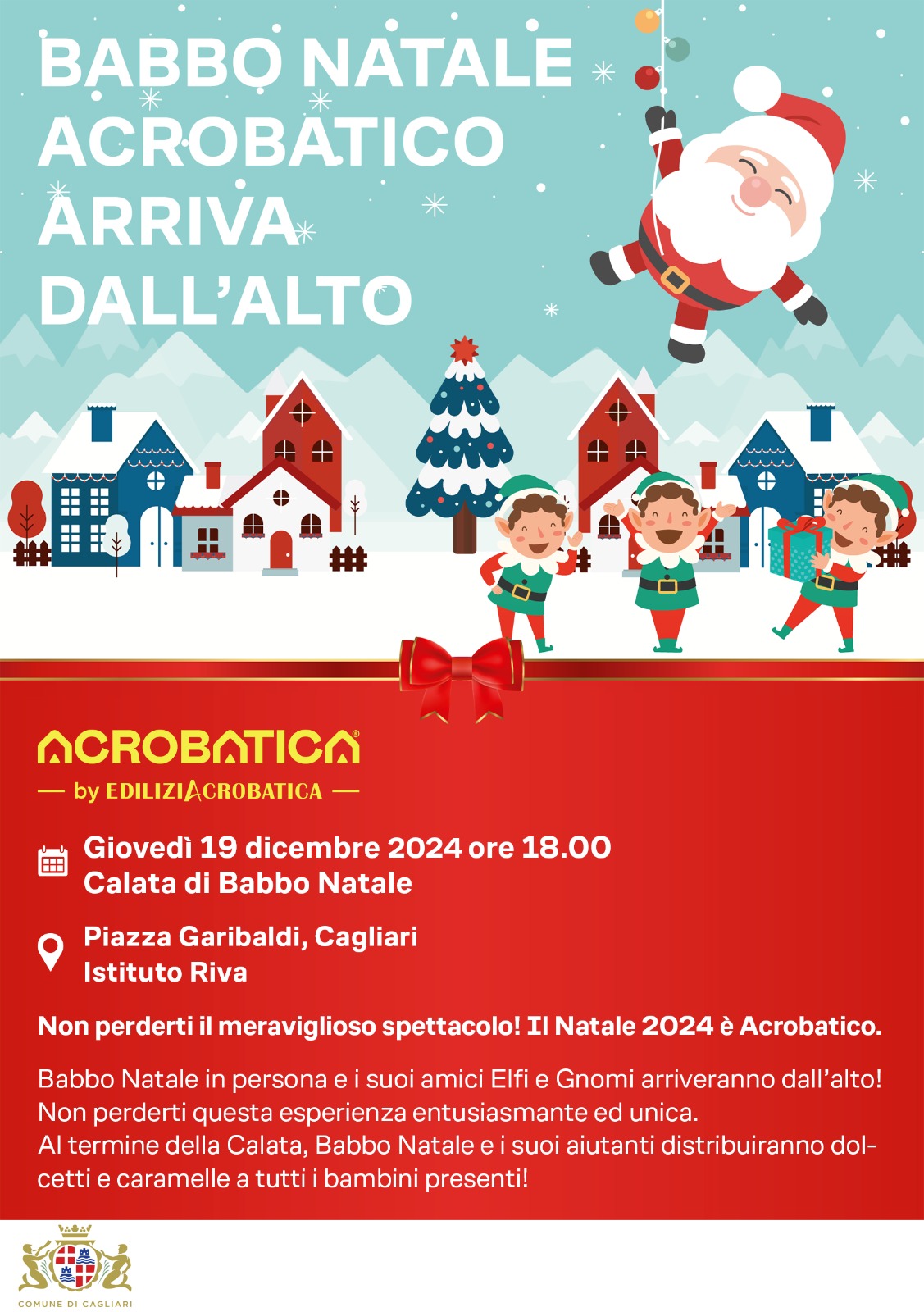 Cagliari - Babbo Natale acrobatico arriva dall'alto