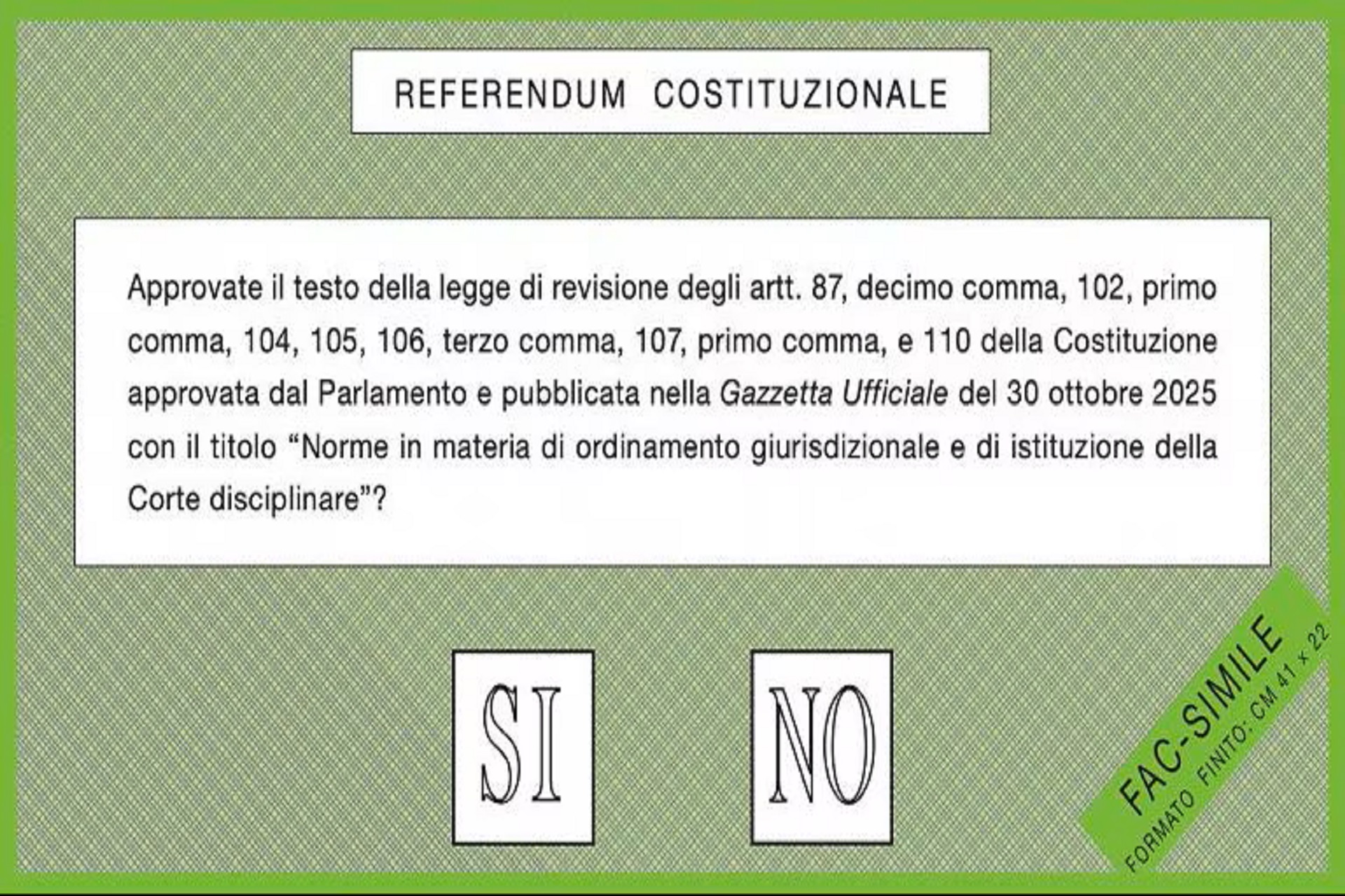 Referendum 22 e 23 marzo 2026 - Scheda elettorale (facsimile)