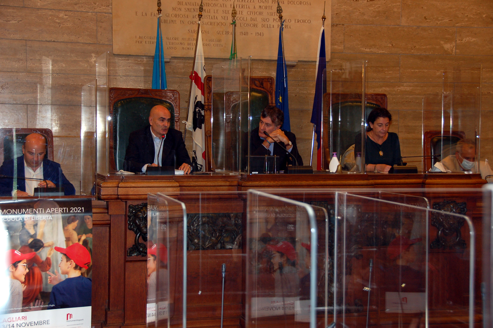 Gli assessori Sorgia e Dedola, con il presidente del Consiglio Comunale Tocco alla presentazione di Cagliari Monumenti Aperti 2021